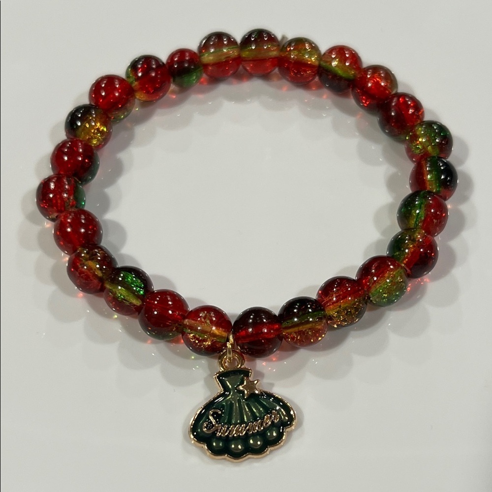 Vibrant Red and Green Beaded Bracelet with Gold Charm